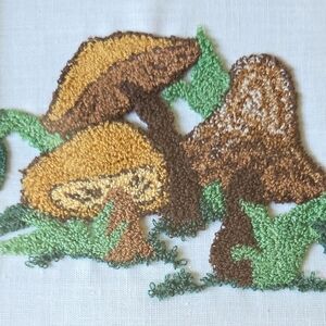 Vintage Retro Crewel Embroidered Mushroom Design on Fabric Picture Wall Art Boho